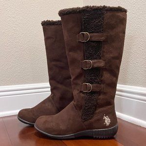 US Polo Women's Leather Mid Calf Suede Leather Boots Brown 8.5